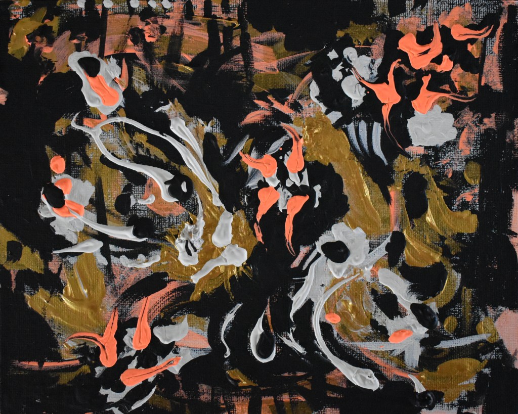 Abstract with lines reaching up at the top and with gold, salmon and white figures floating to the top of a black canvas