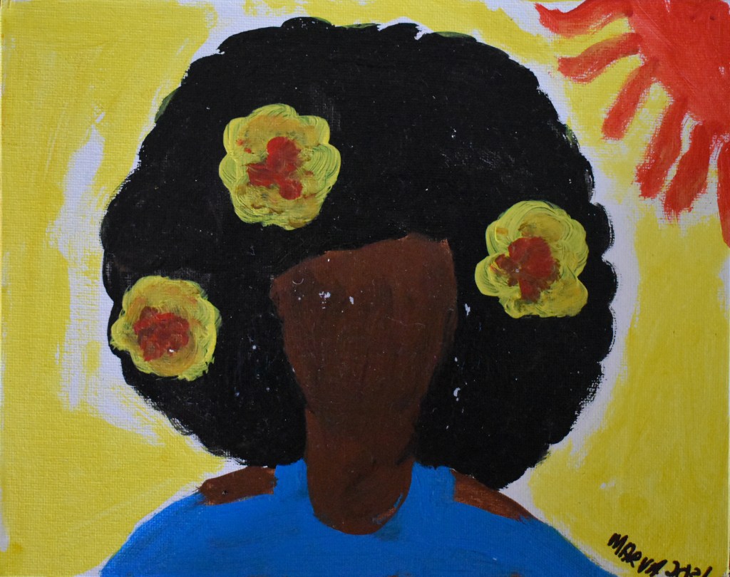 Brown faceless woman with a cloud of dark hair set off by three large yellow flowers with red centers. In the bright yellow background, a red sun. 