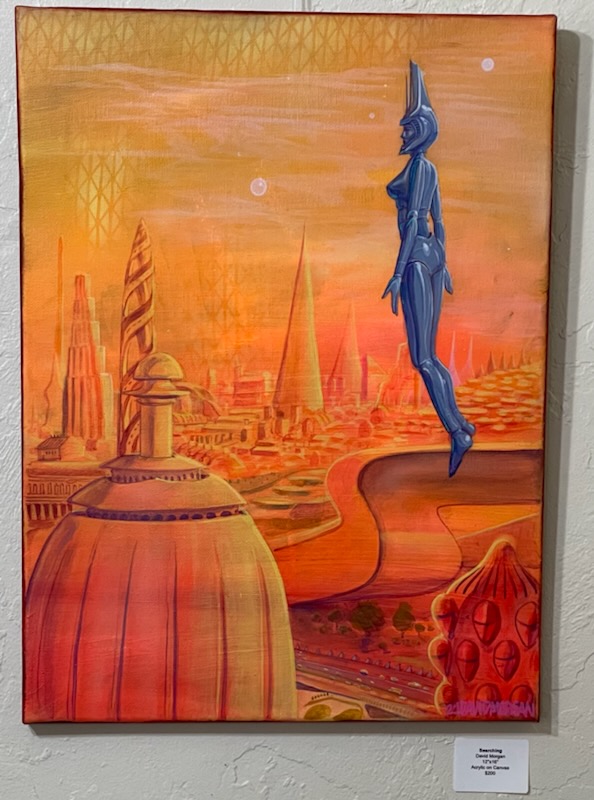 "Searching" depicts a grayish blue female figure floating above an orange-red city;
